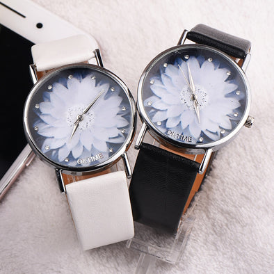 Floral Quartz Watch with Leather Band